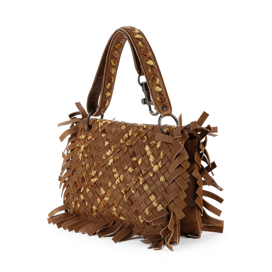 BOTTEGA VENETA 2-Tone Beige Intrecciato Fringe Shoulder Bag