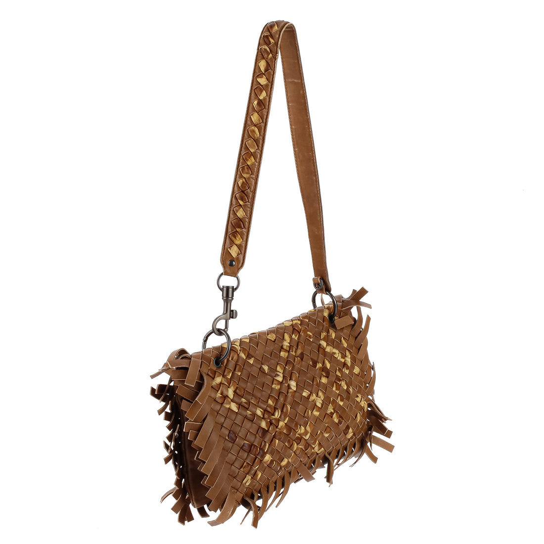 BOTTEGA VENETA 2-Tone Beige Intrecciato Fringe Shoulder Bag