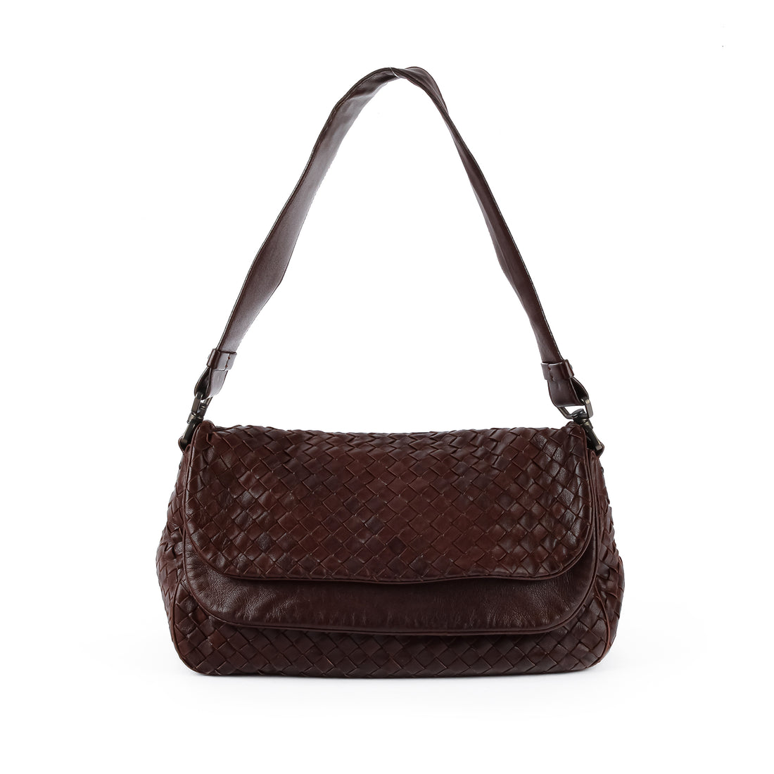 BOTTEGA VENETA Brown Intrecciato Double Flap Shoulder Bag