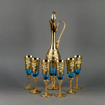 Bohemian Style Hand-Painted Enamel Drinks Set - Gold & Blue