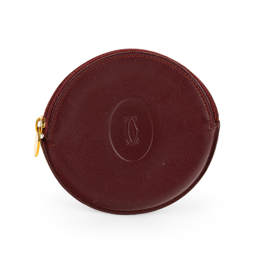 CARTIER Round Burgundy Leather Coin Purse