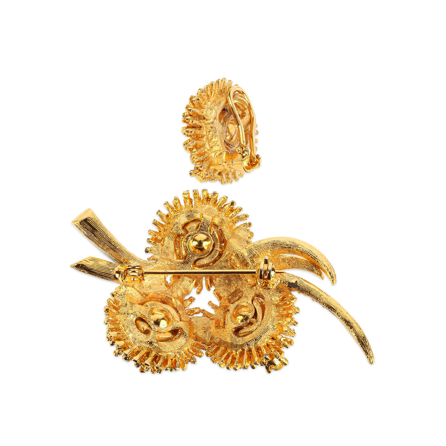 CORO Gold-Plated Rhinestone Urchin Brooch & Clip Earrings Set