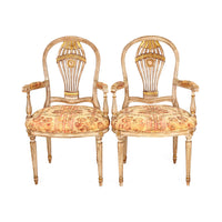 Carved Armchairs with Red & Gold Upholstery - Set of 2