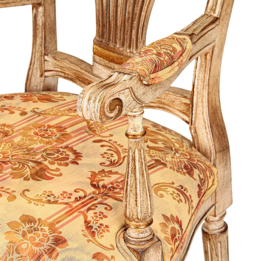 Carved Armchairs with Red & Gold Upholstery - Set of 2