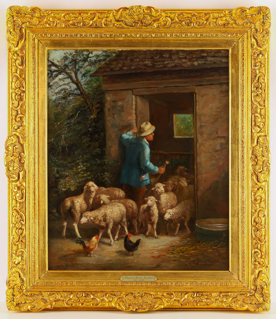 Attributed to Charles-Émile Jacque - "Shepherd and His Flock" - Oil on Canvas