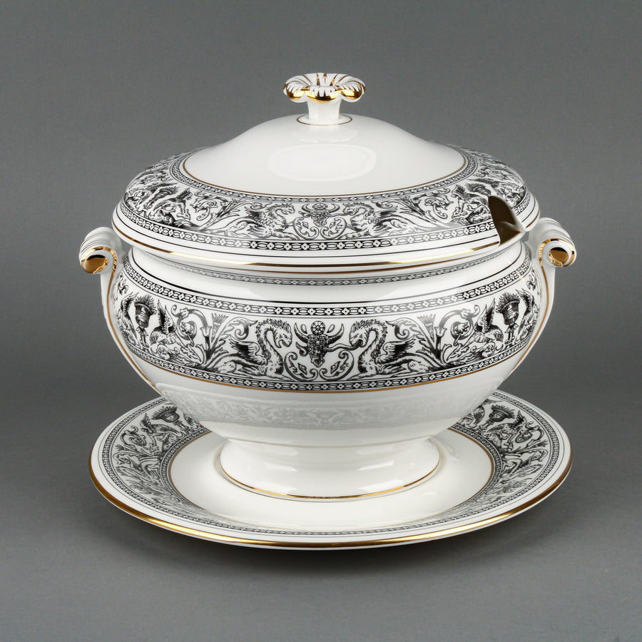 WEDGWOOD Florentine Black Covered Soup Tureen & Underplate