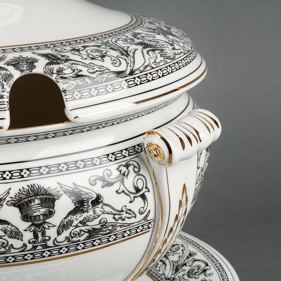 WEDGWOOD Florentine Black Covered Soup Tureen & Underplate