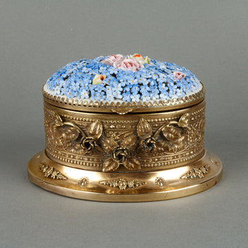 German Repoussé Chased Brass Inkwell with China Floral Lid