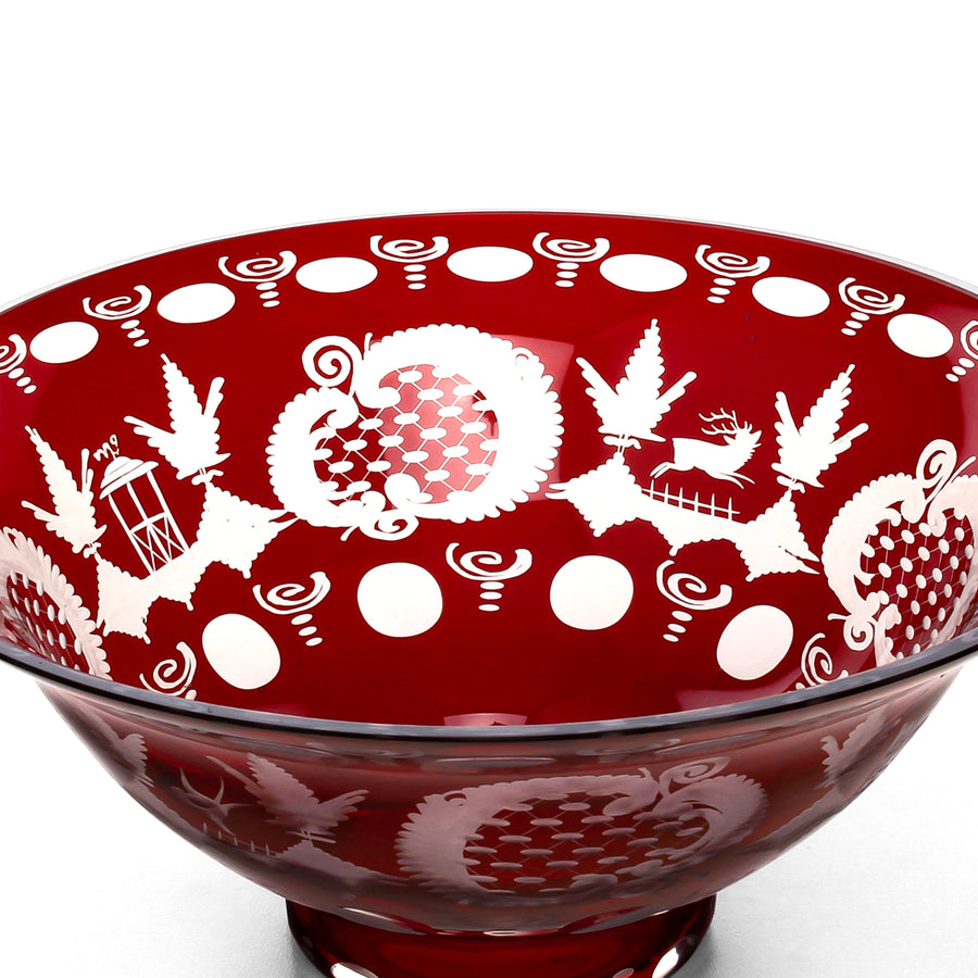 EGERMANN Red Flash Cut to Clear Footed Bowl