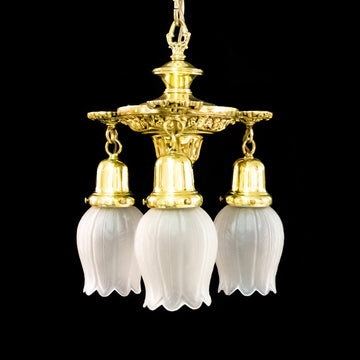Edwardian Style Brass 3-Light Fixture with Glass Shades