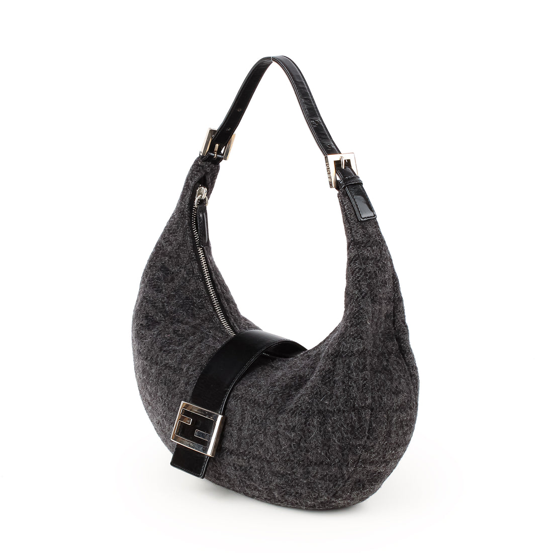 FENDI FF Wool Hobo Shoulder Bag - Grey