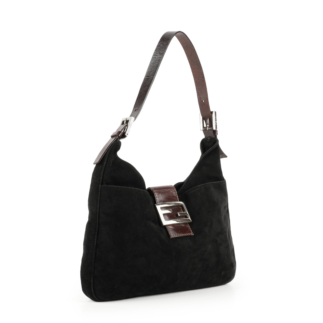 FENDI Shoulder Bag - Black Suede & Brown Leather