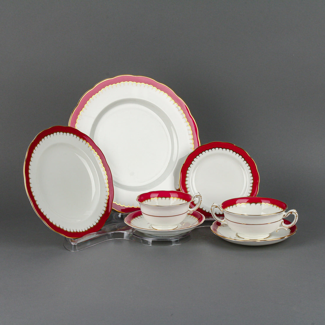ROYAL SWANSEA The Coronation Maroon - 7 Place Settings +