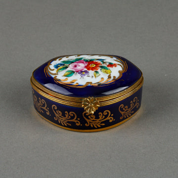 LA SEYNIE LIMOGES Hand-Painted Floral & Cobalt Trinket/Pill Box