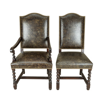 STICKLEY 8 Barley Twist Chairs w/Patterned Leather