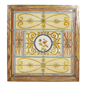Framed Vintage Stained Glass With Hand Painted Decoration