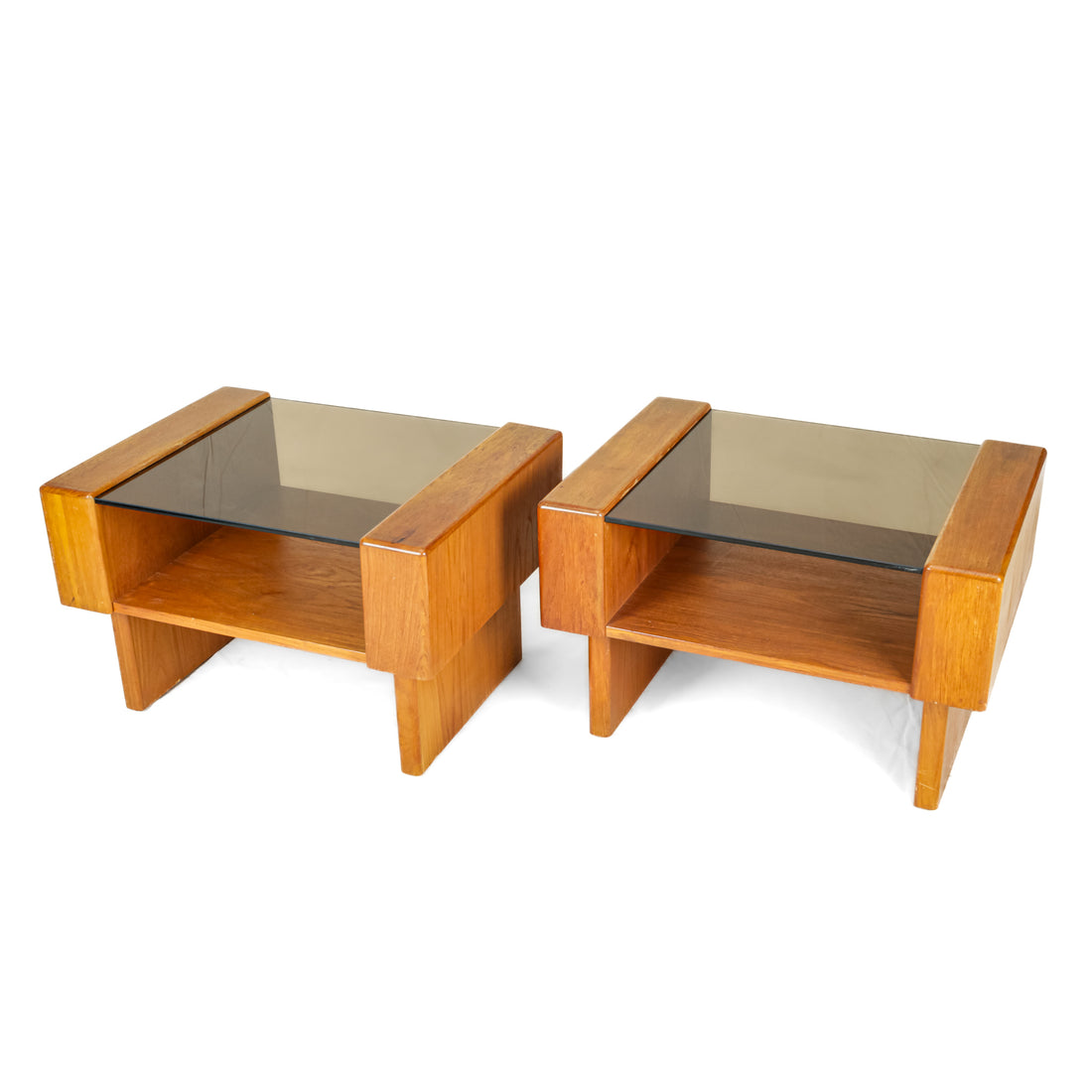 PAIR Vintage Teak End Tables With Smoked Glass Tops