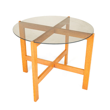 Round Oak End Table w/Smoked Glass Top
