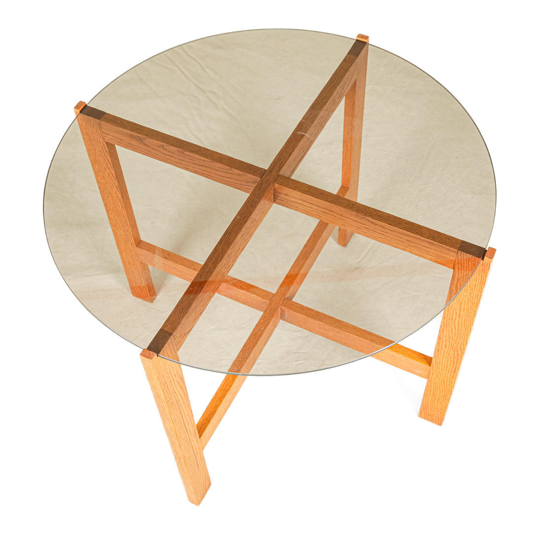 Round Oak End Table w/Smoked Glass Top