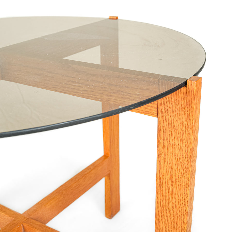 Round Oak End Table w/Smoked Glass Top