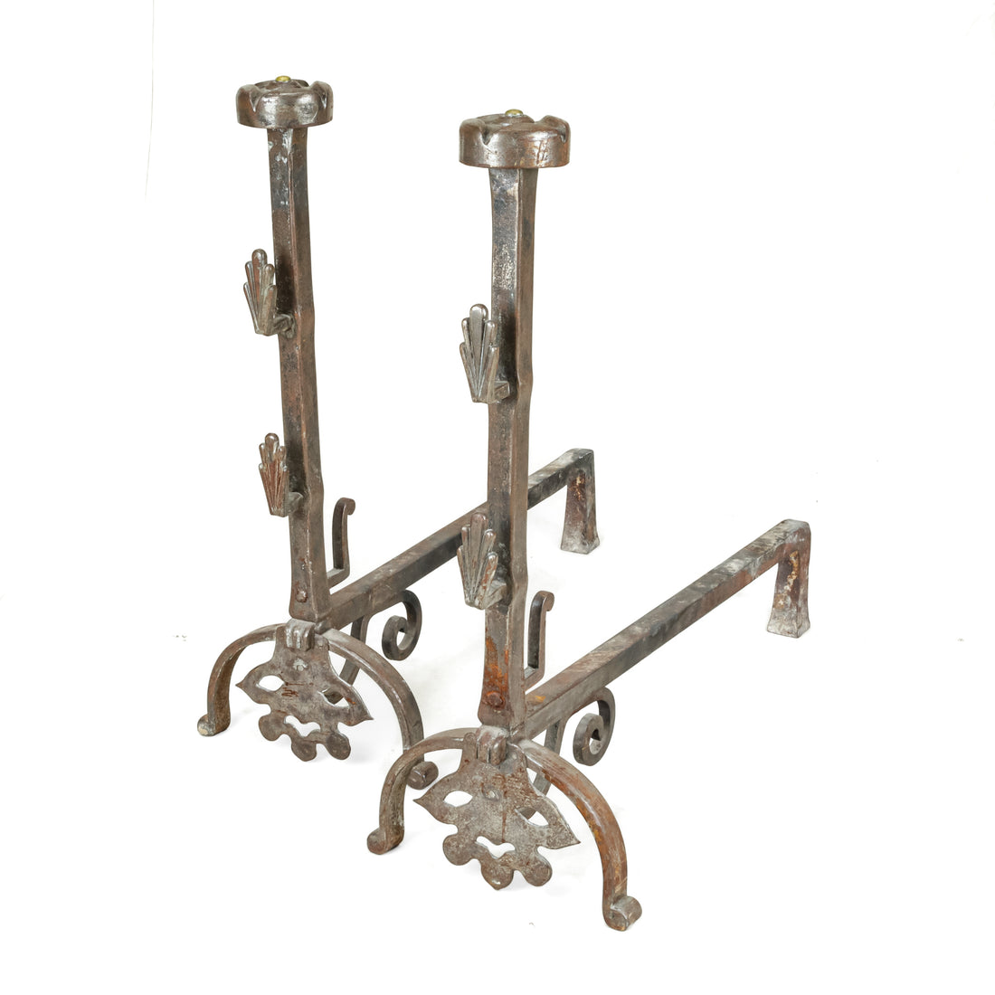 Antique Monumental Steel Andirons w/Brass Accent