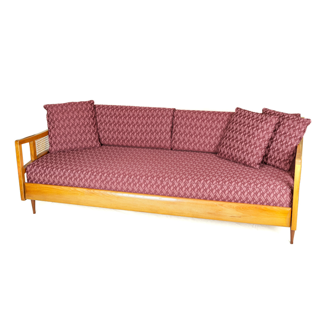 Vintage Teak Finish Sofa w/Red Upholstery
