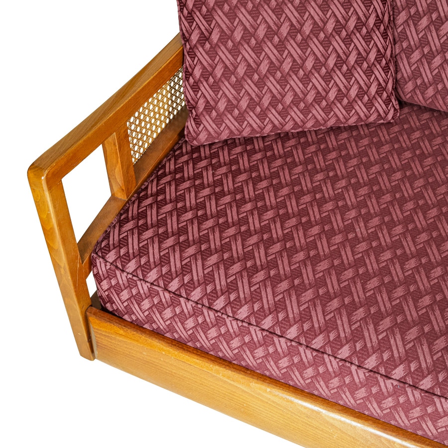 Vintage Teak Finish Sofa w/Red Upholstery