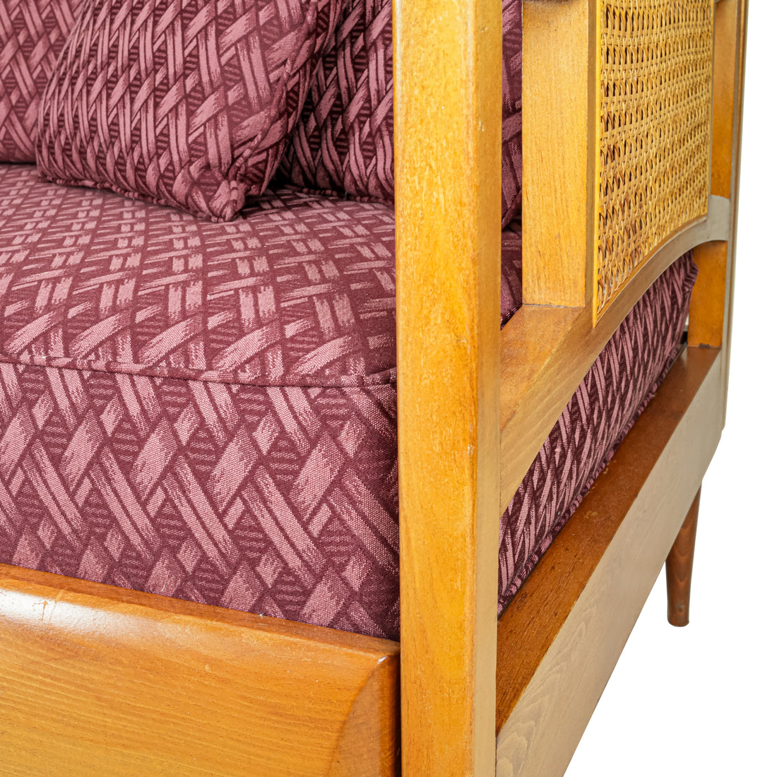 Vintage Teak Finish Sofa w/Red Upholstery