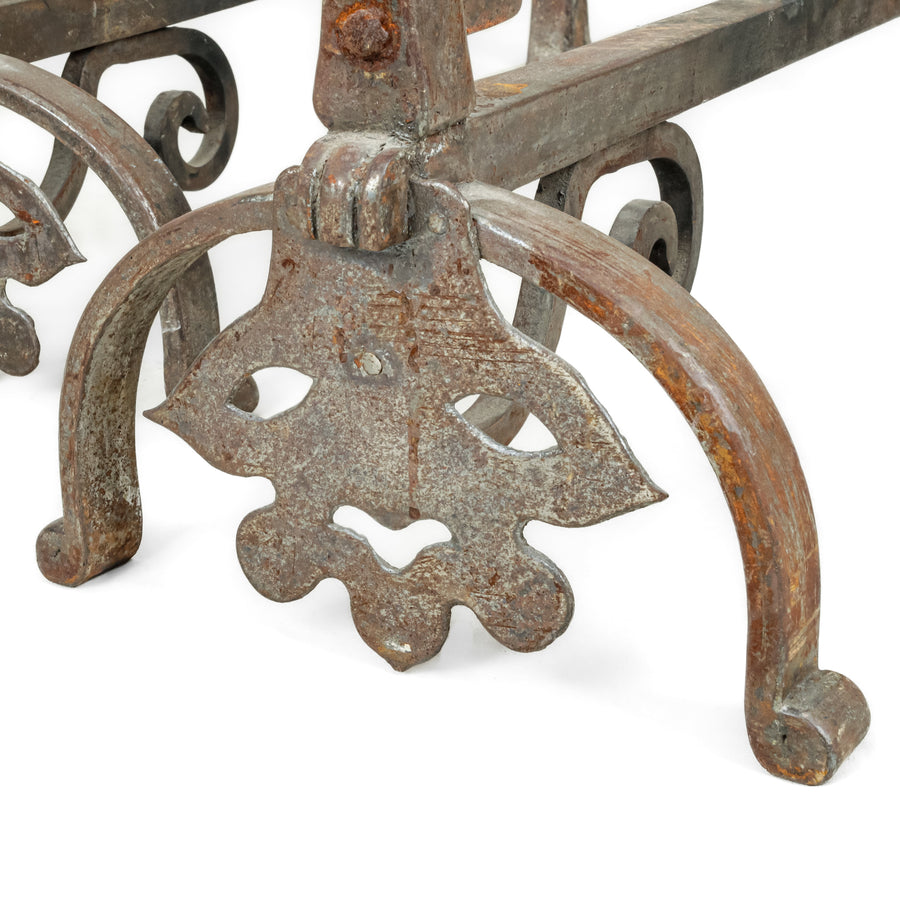 Antique Monumental Steel Andirons w/Brass Accent