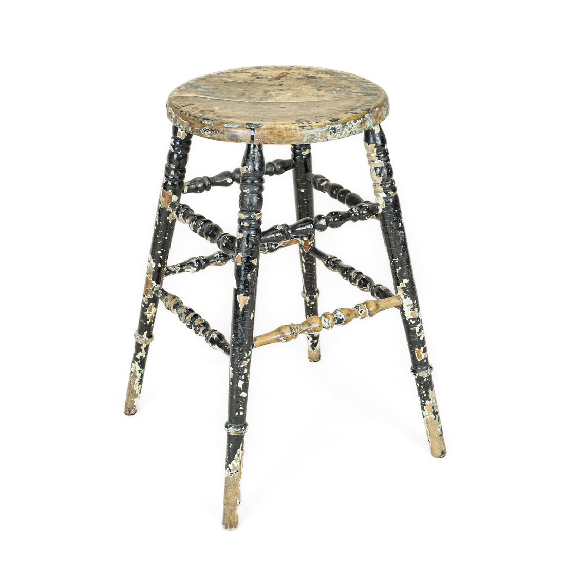 Vintage Rustic Black Painted Wooden Stool