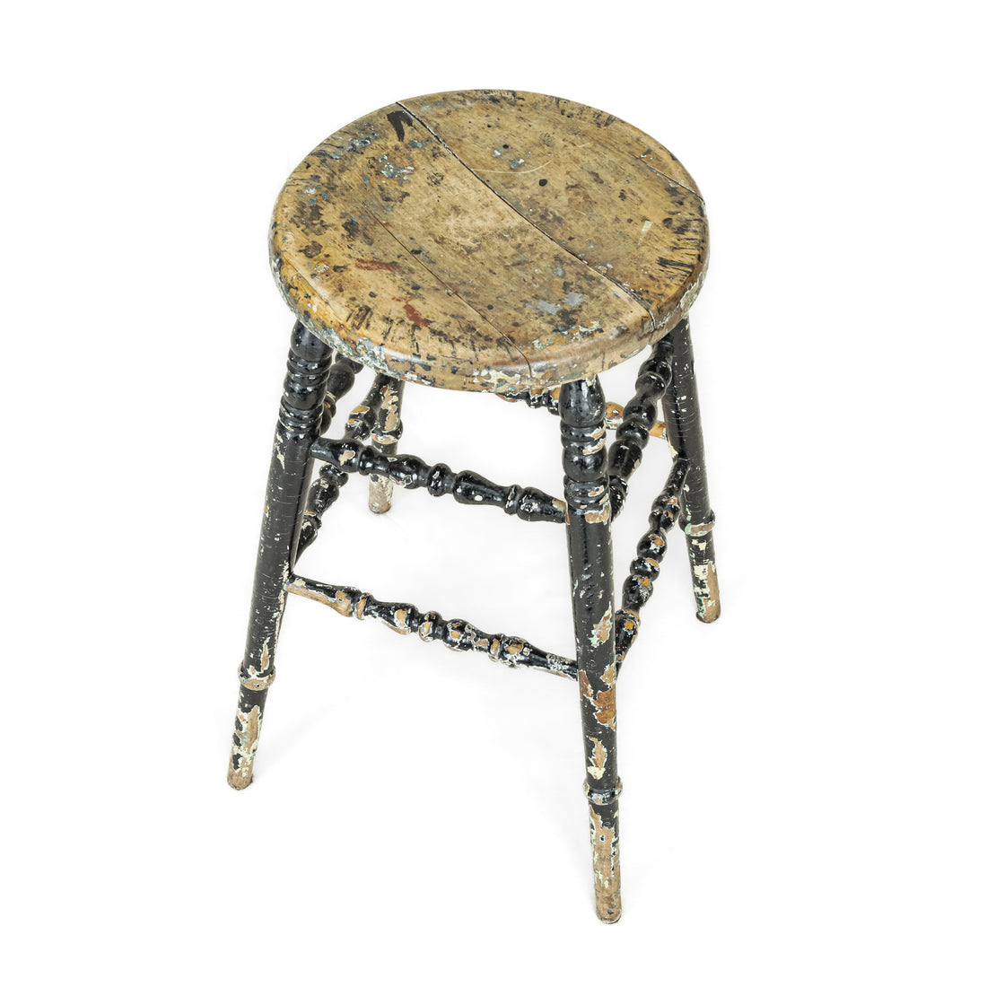 Vintage Rustic Black Painted Wooden Stool