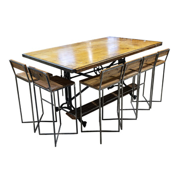 Vintage Steel & Wood Drafting Table  with 6 Steel & Wood Chairs
