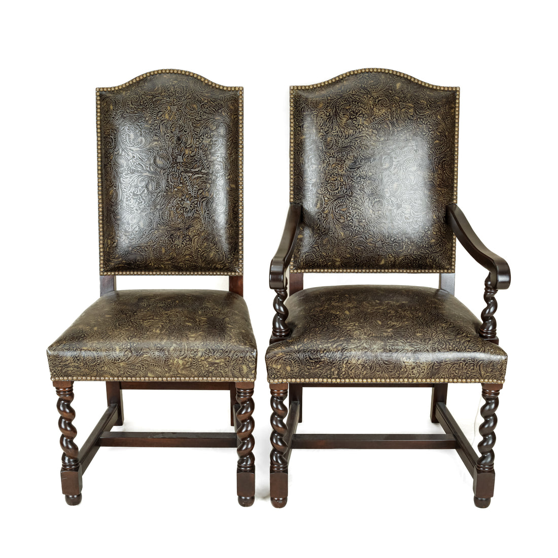 STICKLEY 6 Barley Twist Chairs w/Patterned Leather
