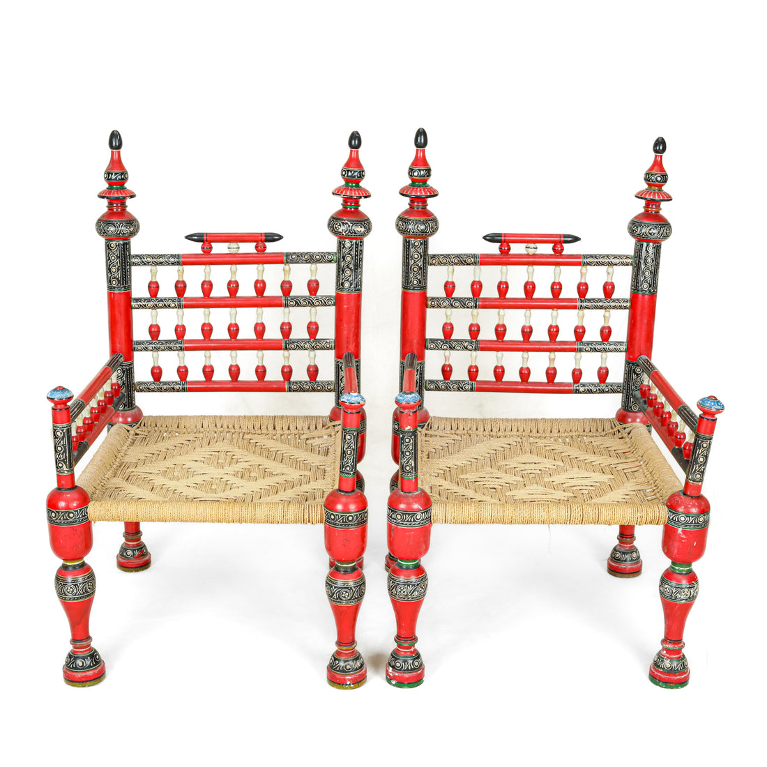 PAIR Painted Punjabi Wedding Chairs w/Rush Seats