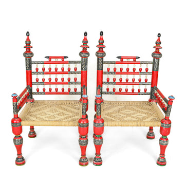 PAIR Painted Punjabi Wedding Chairs w/Rush Seats