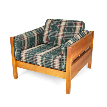 Vintage Teak Chair with Green Plaid Upholstery