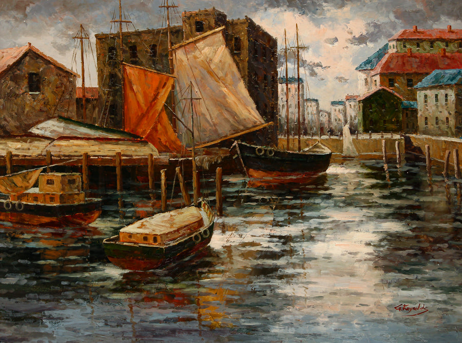 G. Reynolds - Boats in Harbour - Oil on Canvas