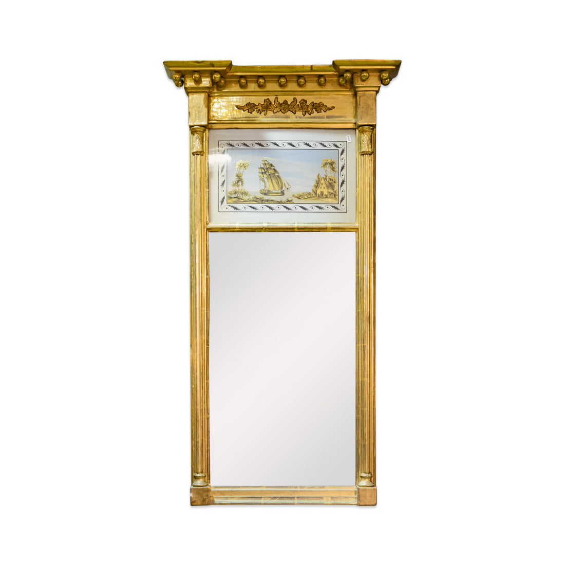 Gilt Trumeau Mirror with Reverse Painted Glass Image
