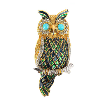 DORLAN Gold Tone Enamel Rhinestone Owl on Branch Brooch