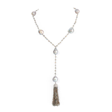 Grey Keshi Pearl & Moonstone Lariat Necklace