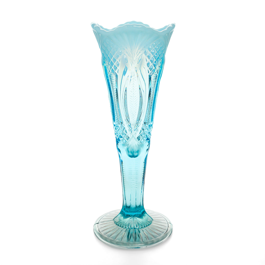 MOSSER Blue Opalescent Glass Diamond Point Trumpet Vase
