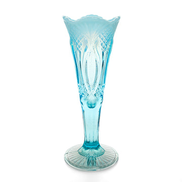 MOSSER Blue Opalescent Glass Diamond Point Trumpet Vase