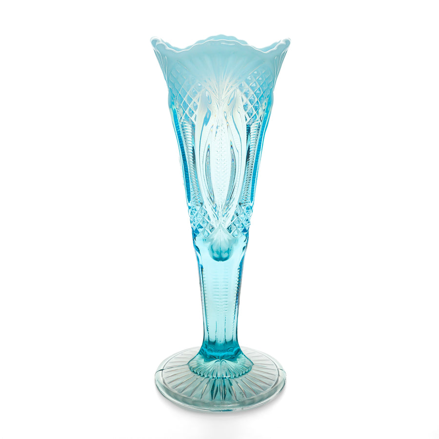 MOSSER Blue Opalescent Glass Diamond Point Trumpet Vase