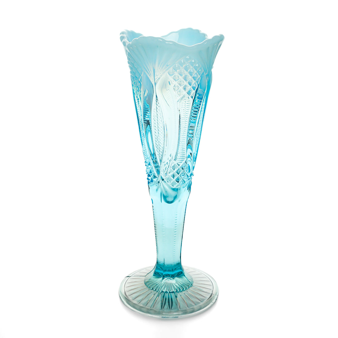 MOSSER Blue Opalescent Glass Diamond Point Trumpet Vase