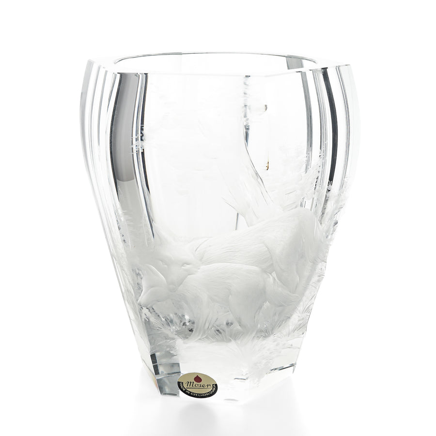 MOSER Cut/Etched Wolf & Cub Crystal Hexagonal Vase