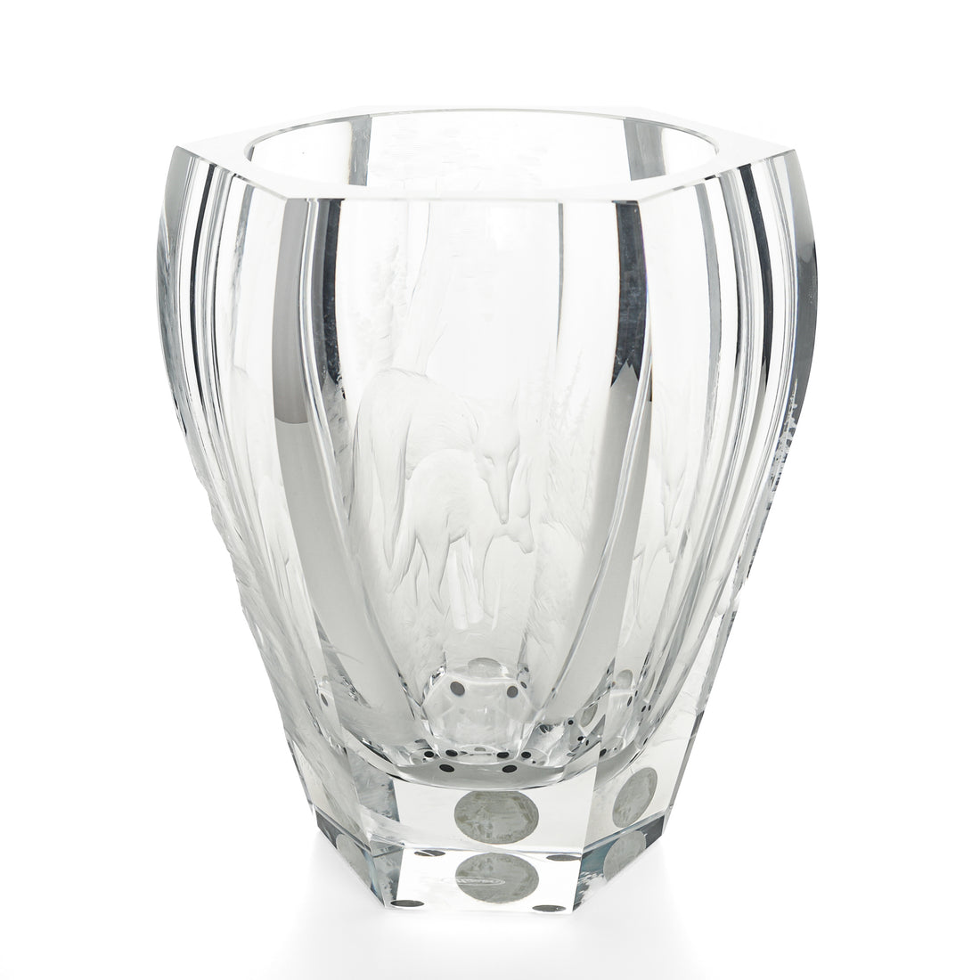 MOSER Cut/Etched Wolf & Cub Crystal Hexagonal Vase