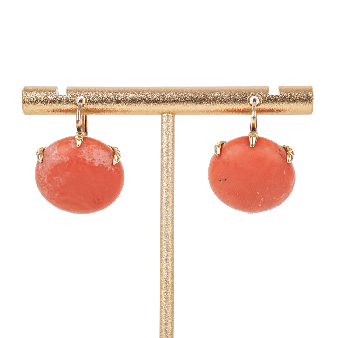 14K Yellow Gold Coral Cabochon Drop Earrings