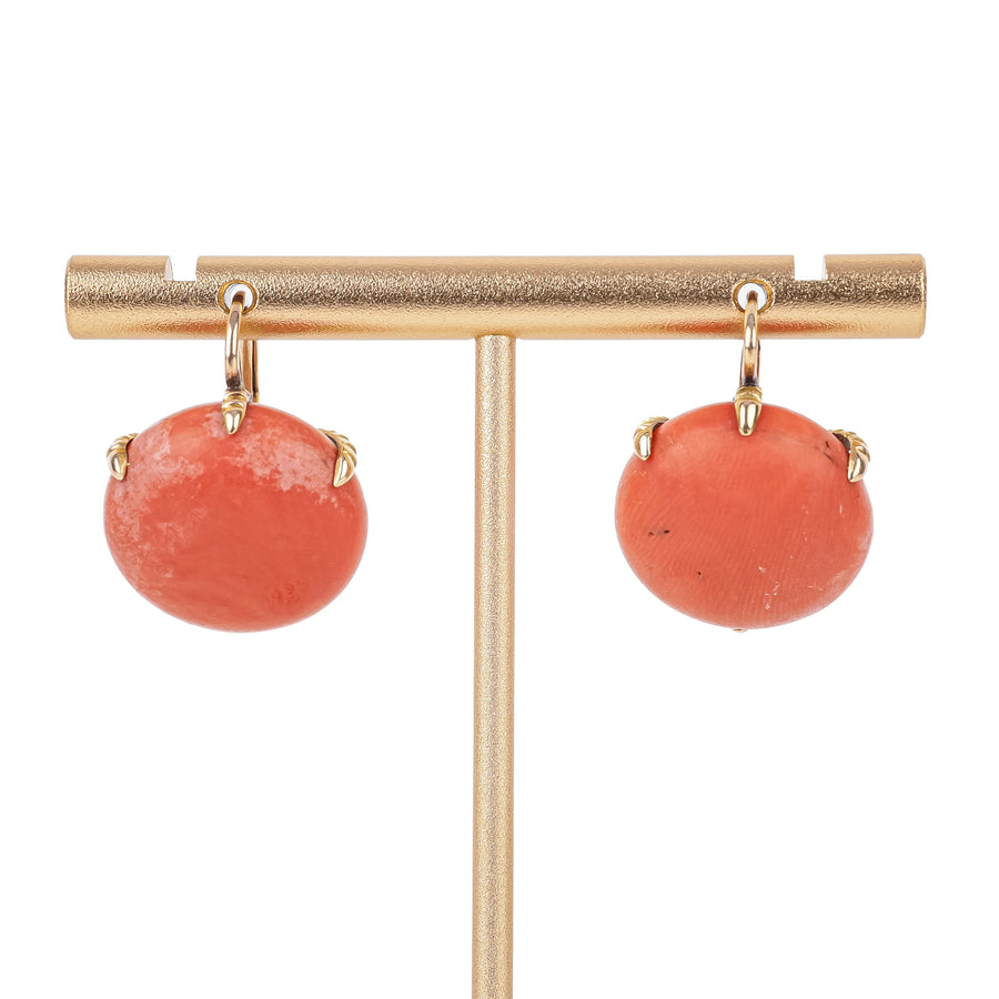 14K Yellow Gold Coral Cabochon Drop Earrings