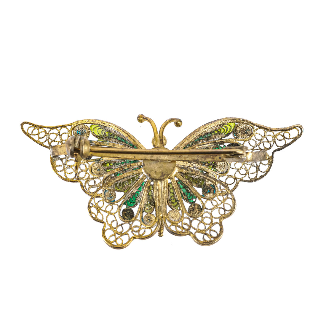 800 Gilt Silver Filigree Enamel Large Butterfly Brooch