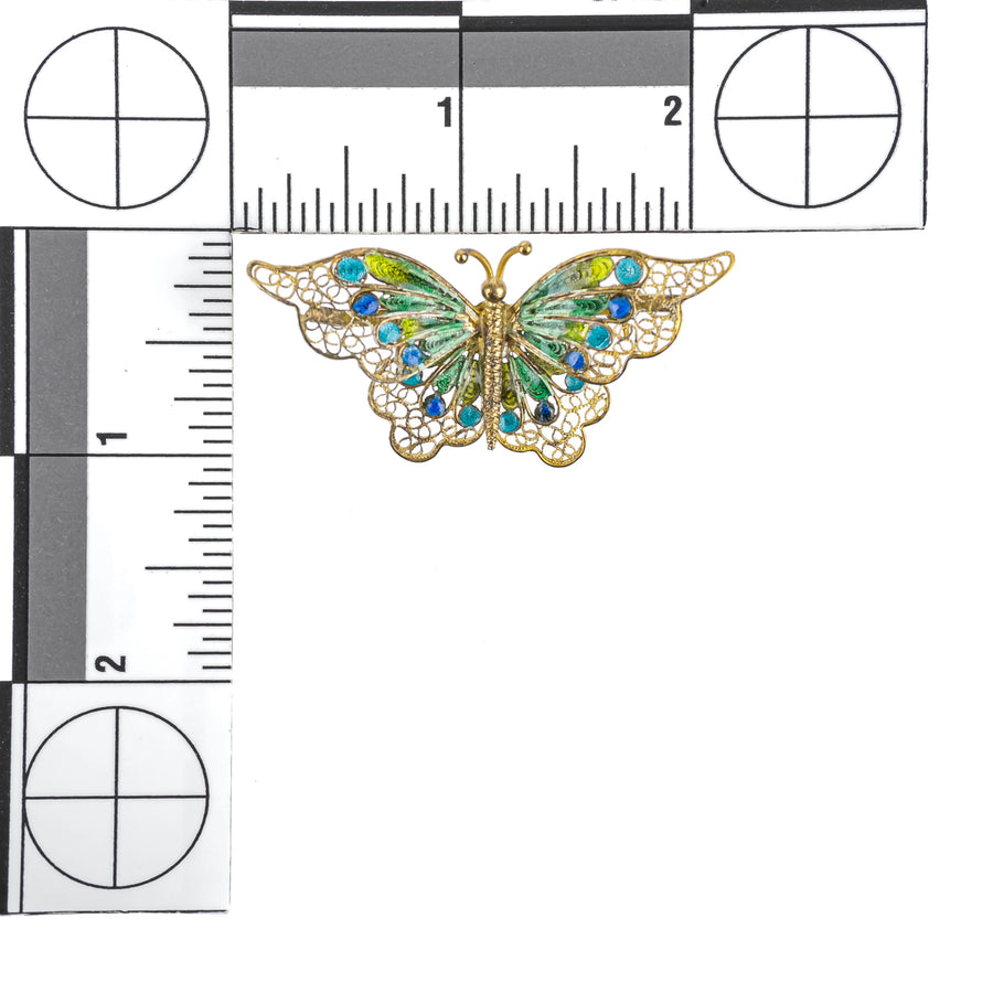800 Gilt Silver Filigree Enamel Large Butterfly Brooch